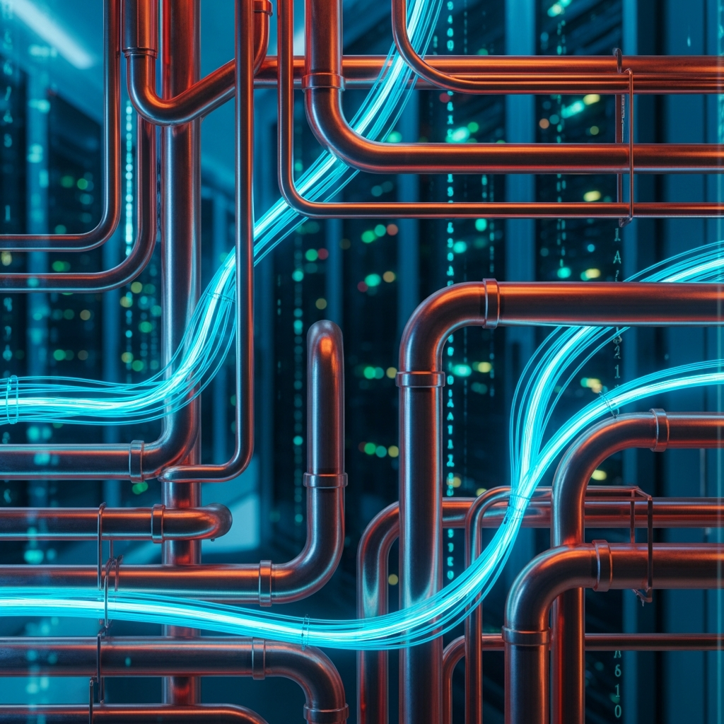 Technical SEO code overlaying HVAC piping infrastructure