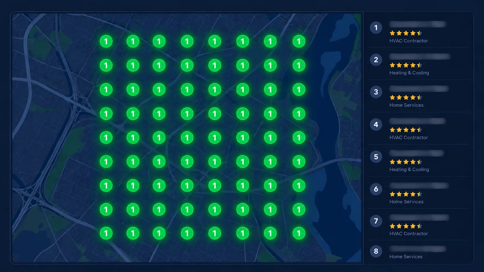 Illustrative local search visibility grid across an HVAC service area