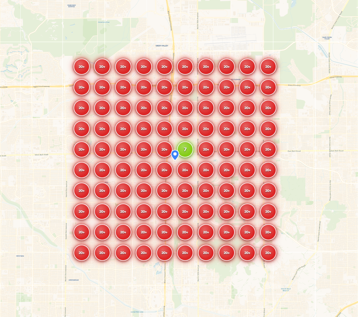 Local rank tracker showing an HVAC contractor ranked 20+ across their entire service area before SEO