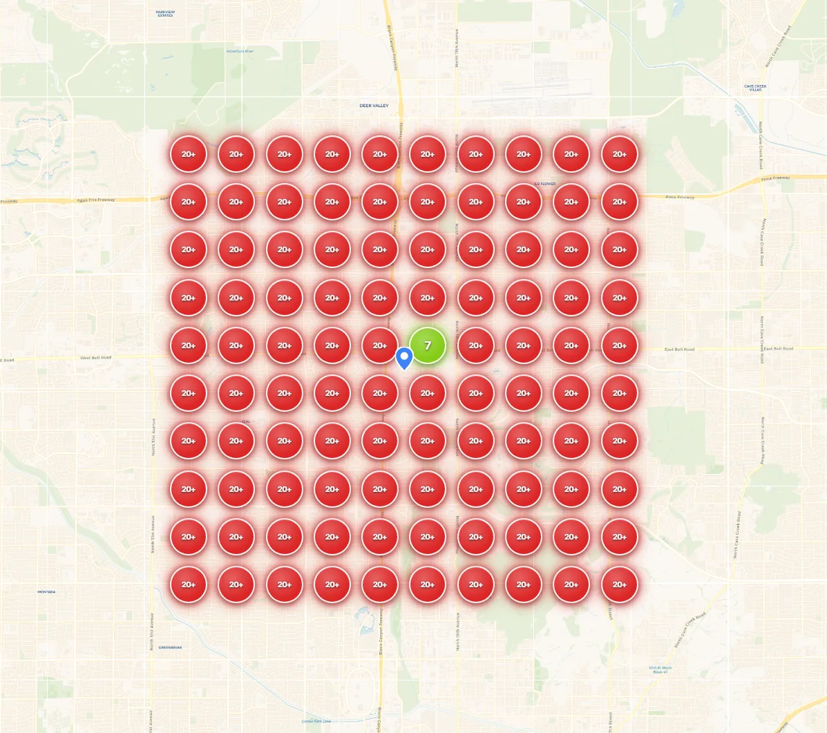 Local rank tracker showing an HVAC contractor ranked 20+ across their entire service area before SEO