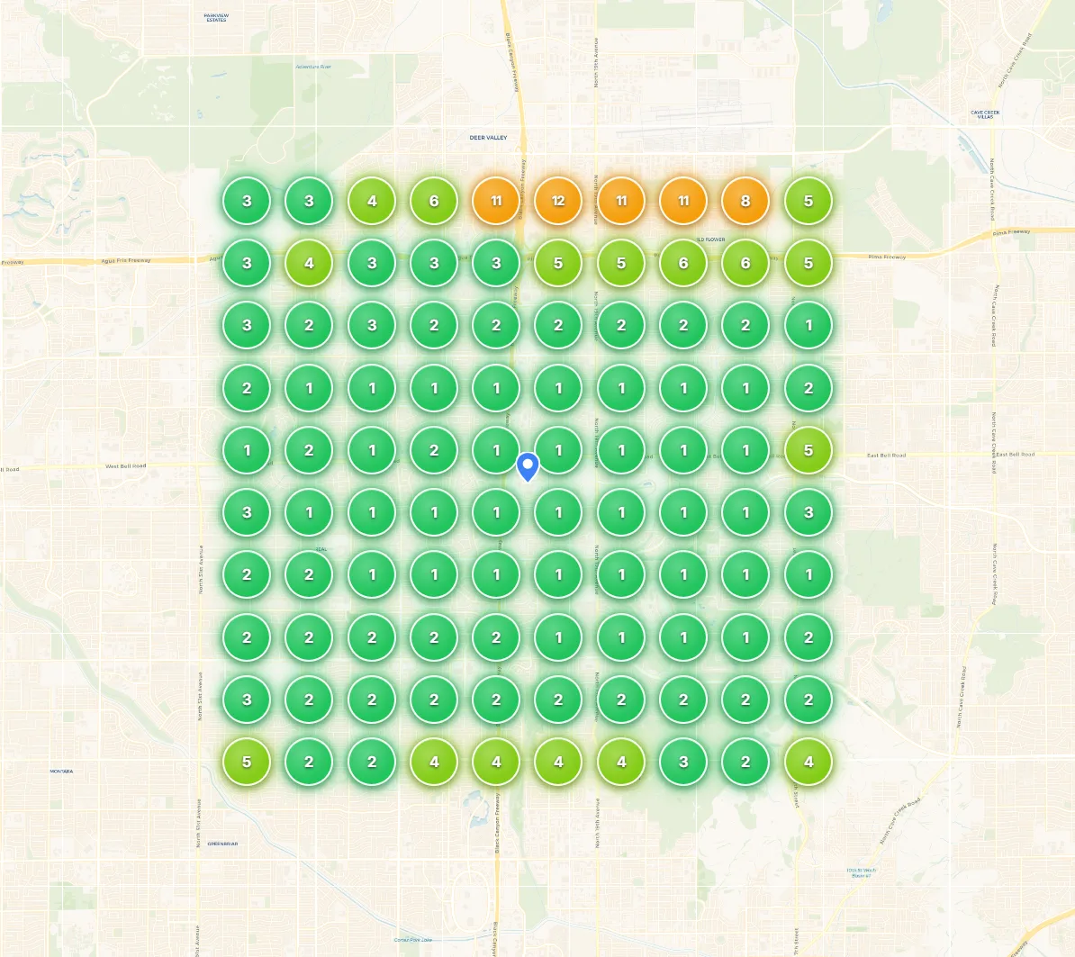 Local rank tracker showing an HVAC contractor ranked 1–3 across most of their service area after SEO