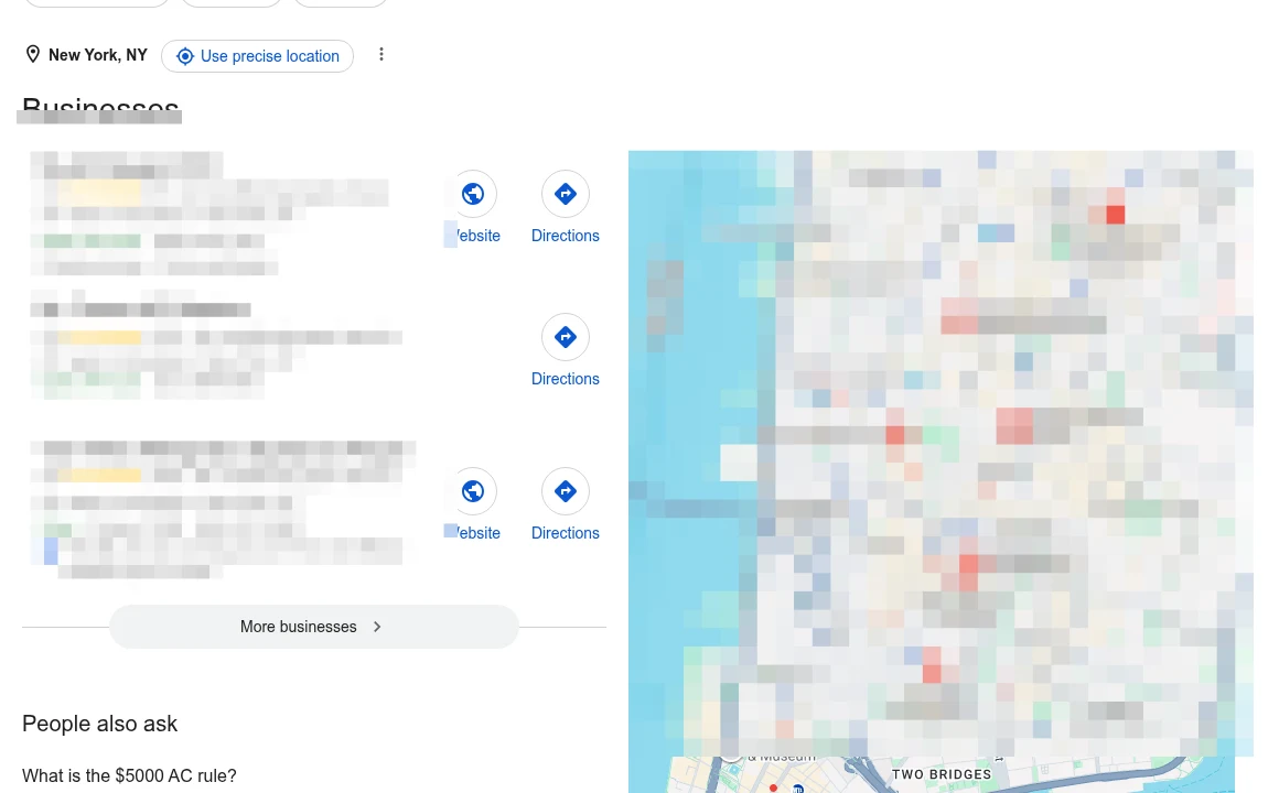 An anonymized Google local search result for AC repair near me showing the business list and map